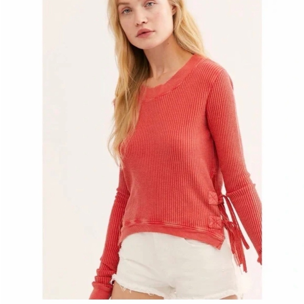 Free People One Interlaken Red waffle knit lace up crop top size large.